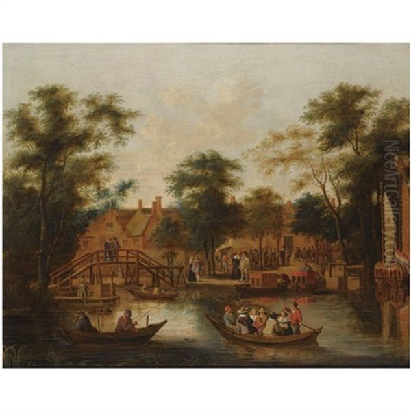 A Wooded River Landscape With A Village With Fishermen And An Elegant Company In A Rowing Boat In The Foreground, Two Elegant Figures On A Wooden Bridge On The Left, Other Figures On The River Banks - view 1
