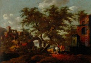 A Wooded Landscape With Herdsmen And Cattle At A Fountain, A Lake Beyond by Willem van Drielenburch
