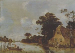 A River Landscape With Figures In A Boat And Washerwomen On The River Bank By A Cottage by Willem van Drielenburch