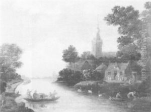A River Landscape With Cattle Ferry Before A Village by Willem van Drielenburch