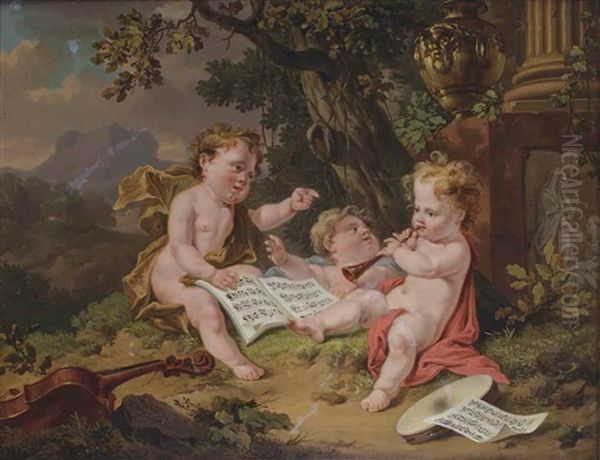 Three Putti Making Music Before A Classical Column With An Urn And Relief Sculpture, A Mountainous Landscape Beyond - view 1