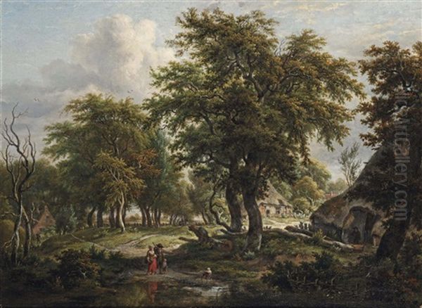 A Wooded Dune Landscape With Figures Near A Farm House by Egbert Van Drielst