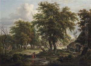 A Wooded Dune Landscape With Figures Near A Farm House by Egbert Van Drielst