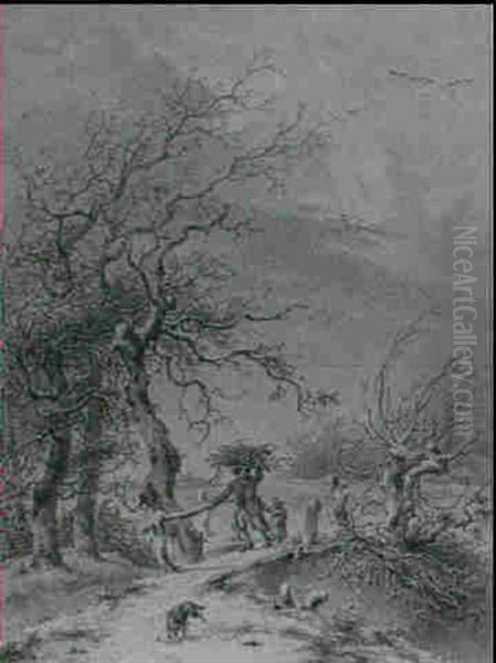 Winter Landscape With A Peasant And A Child Carrying Sticks - view 1