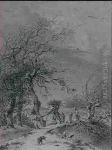 Winter Landscape With A Peasant And A Child Carrying Sticks