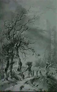 Winter Landscape, With A Woman And Child Carrying Sticks