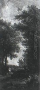 A Maid On A Path Carrying Water & A Traveller On Horseback On A Wooded Path by Egbert Van Drielst