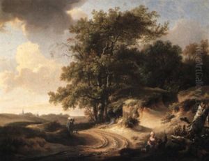 A Landscape With Figures On A Road Beside A Wood