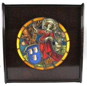 Frau In Renaissancekleidung Mit Blauem Wappen Mit 3 Schilden
