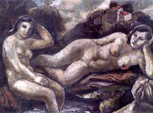 Deux Baigneuse Nues Au Bord D'un Torrent