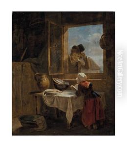 Jeune Garcon Saluant Une Jeune Fille Lisant by Martin Droelling