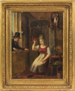 Colporteur A La Fenetre Et Jeune Femme A La Robe Rouge Dans Une Cuisine