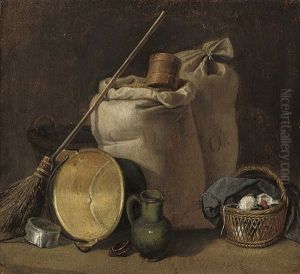Sacks Of Grain, A Broom, An Up-turned Pot, A Jug And A Basket Of Yarn