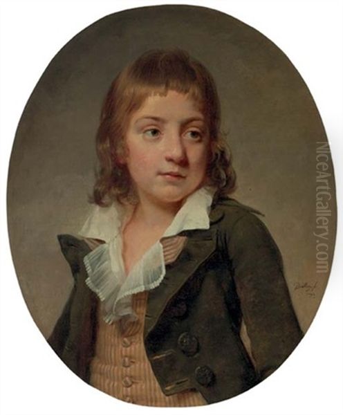 Portrait Of A Young Boy, In A Striped Vest And Grey Jacket - view 1