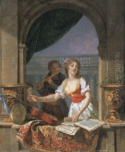 A Young Lady Reaching For A Guitar At A Stone Casement And A Boy Playing The Flute Beyond
