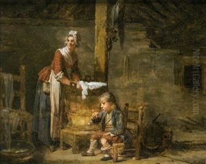 Eine Wascherin Mit Ihrem Seifenblasenden Sohnchen by Martin Droelling