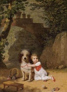 Portrait Of A Little Boy Placing A Coral Necklace On A Dog, Both Seated In A Parkland Setting