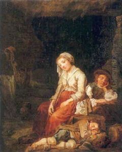 Une Paysanne Et Ses Deux Enfants Se Reposant by Martin Droelling