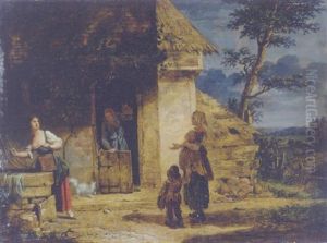 Charity: A Peasant Woman And Her Children Begging At A Cottage by Martin Droelling