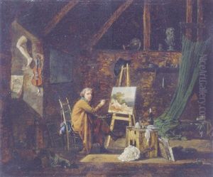 Portrait Of An Artist, Painting In His Studio by Martin Droelling