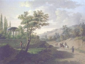 A Landscape With Travelers On A Road And A Rotunda In A Walled Garden