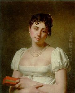 Portrait Of A Young Lady, Half Length, In A White Dress And Pearls, Holding A Book by Martin Droelling