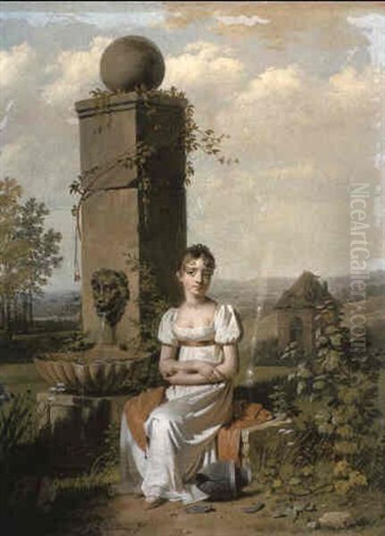 A Young Woman Sitting By A Fountain With A Broken Urn In A Landscape - view 1