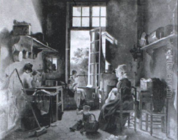 Mother And Child Seated In A Kitchen Interior - view 1