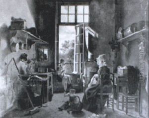 Mother And Child Seated In A Kitchen Interior by Martin Droelling