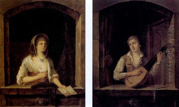 Un Joueur De Luth Dans L'embrasure D'une Fenetre (+ Une Jeune Fille Tenant Une Partition De Musique Dans L'embrasure D'une Fenetre; Pair) - view 1