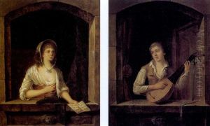 Un Joueur De Luth Dans L'embrasure D'une Fenetre (+ Une Jeune Fille Tenant Une Partition De Musique Dans L'embrasure D'une Fenetre; Pair) by Michel Martin Drolling