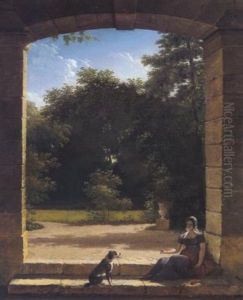 Eine Junge Dame Mit Ihrem Hund Auf Den Stufen Zu Einer Parklandschaft by Michel Martin Drolling