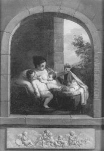 Une Jeune Femme Et Ses Enfants Dans Un Encadrement De Fenetre Avec Un Bas-relief