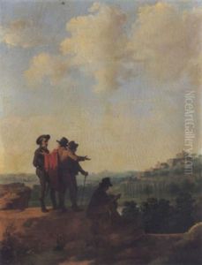 Three Men Conversing And An Artist Drawing A Landscape by Michel Martin Drolling