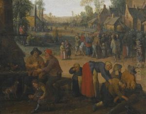 A Village Scene With Numerous Peasants And A Travelling Merchant by Cornelis Droochsloot