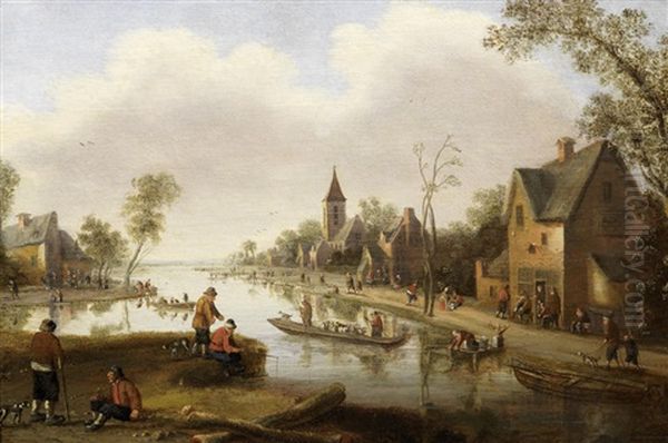 A River Landscape With Figures Outside An Inn And Fishermen In Boats, A Town Beyond - view 1
