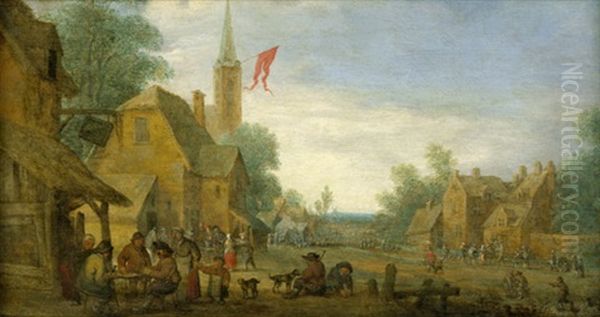 Dorfszene Mit Karten Spielenden Bauern - view 1