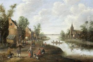 An Extensive River Landscape With Peasants In A Village, A Church Beyond by Cornelis Droochsloot