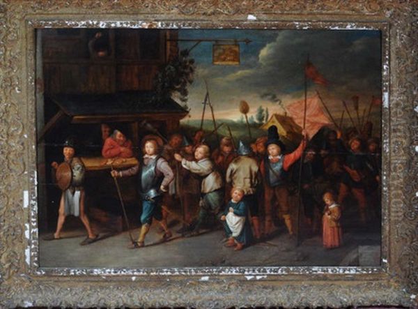 A Band Of Armed Militia Assembling Outside A Village Tavern - view 1