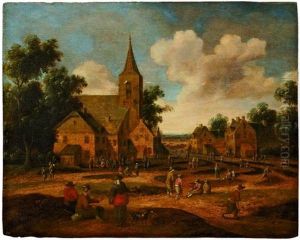 Scene De Village Avec Paysans Et Villageois Sur La Place De L'eglise