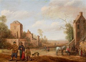 Eine Dorfszene Mit Reisenden Und Bauern Auf Einer Strasse