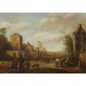 A Village Scene With Travellers On A Path, Peasants Sitting At A Table To The Right