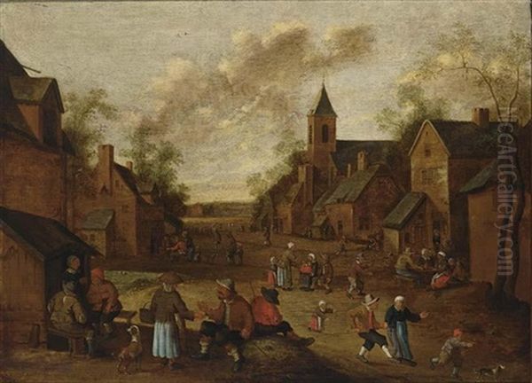 A Village Street With Peasants Conversing And Drinking Near An Inn, A Church To The Right - view 1
