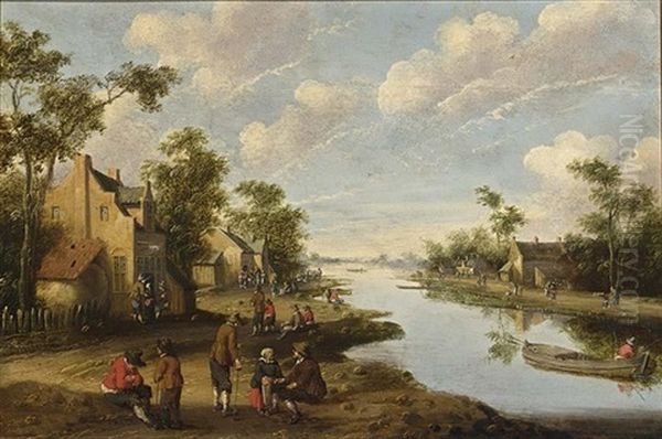 A River Landscape With Figures Resting Near An Inn, A Fisherman In A Boat To The Right - view 1