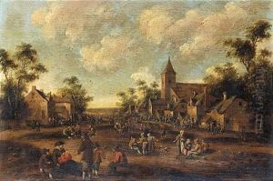 Village Scene With Crowds Of Figures Before A Church