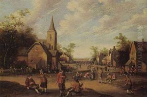 A Village Scene With Figures Conversing by Cornelis Droochsloot