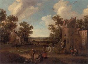 A View Of A Village With Peasants Conversing On A Road