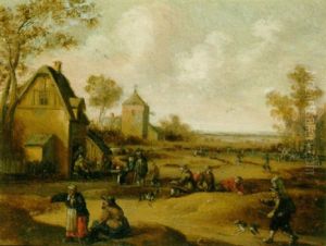 Travellers And Peasants On A Village Street, An Inn In The Distance by Cornelis Droochsloot