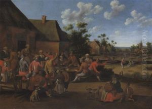 Peasants Feasting Outside An Inn In A Village by Cornelis Droochsloot