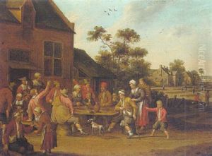 A Village Scene With Peasants At A Table Eating, Drinking And Making Merry